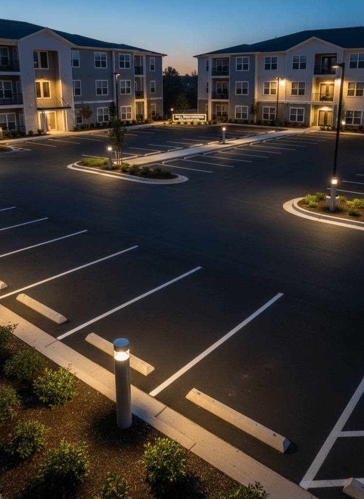 A detailed, photographic view of a meticulously maintained apartment building parking area at dusk, featuring freshly painted parking lines, clean concrete wheel stops, and vandal-free, well-lit bollard lighting. The asphalt surface is smooth and recently sealed, with no oil stains or potholes. Modern, intact exterior light fixtures cast a warm, even glow, creating soft pools of light and realistic shadows around curbs and landscaping beds. Captured from a slightly elevated corner angle, the composition uses diagonal lines of parking bays to lead the eye across the scene. The mood is secure, orderly, and professional, illustrating Hall Maintenance’s commitment to safety, lighting maintenance, and exterior upkeep for multi-family residential or mixed-use properties.